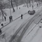 Superman stops car from sliding into another car