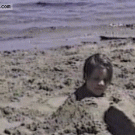 Dog pees on girl at the beach