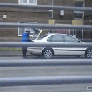 Pizza delivery guy throws pizza at guy on second floor