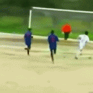soccer player hits goal post 4 times with a single shot