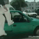 Jumping in the car through the window