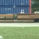 Bicyclist crosses moving train