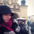 Pigeons fighting on girl's arm