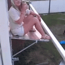 Girl falls off window awning