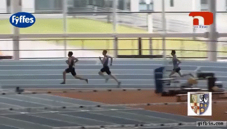 Race leader gets legs tangled up in pole vault crossbars before the finish line