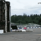 Car jump over buses fail