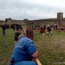 Guy almost hit by flying sword