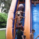 Fat woman wipes out kids on slide stairs