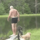 Guy catches trout by jumping on it