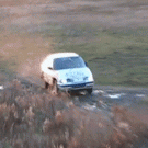 Car jumps over big screen TV