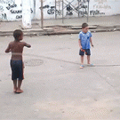 Dog plays jump rope with kids