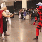 Deadpool tries Thor's hammer