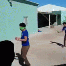 Blindfolded guy jumps rop